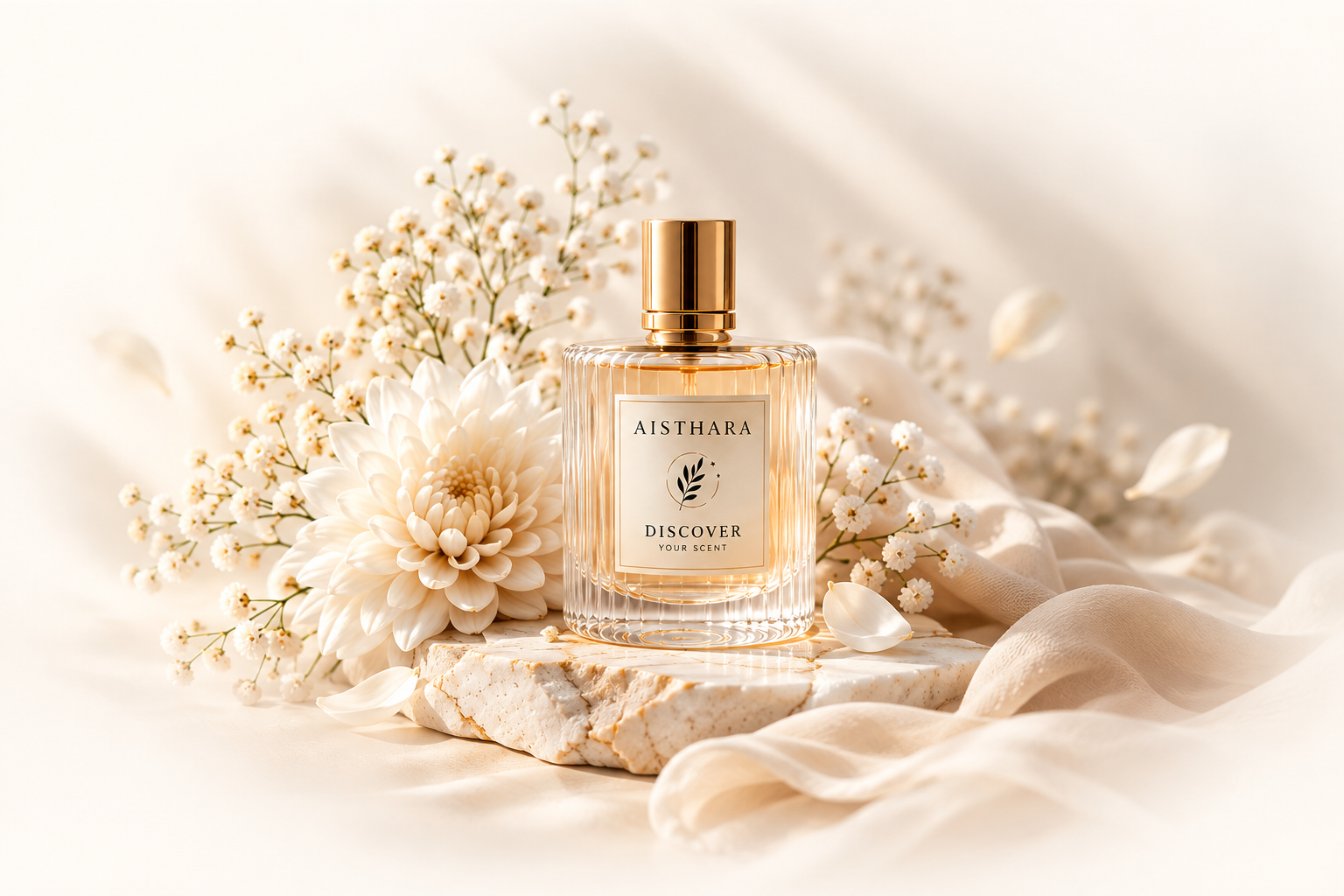 Perfume Aisthara entre flores y tonos crema